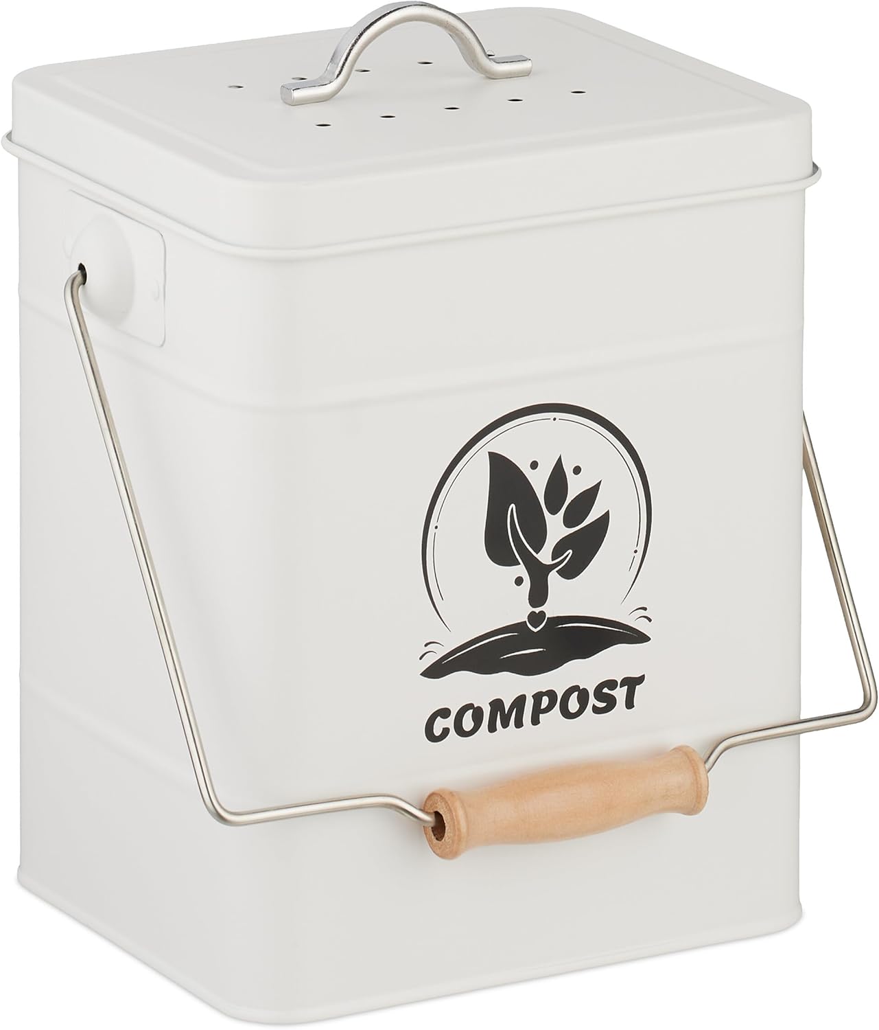 Relaxdays Kitchen Compost Bin, 6 Liters, Small Rubbish Bin, Lid and Odor Filter, Metal, Waste Bin, Organic Waste, White