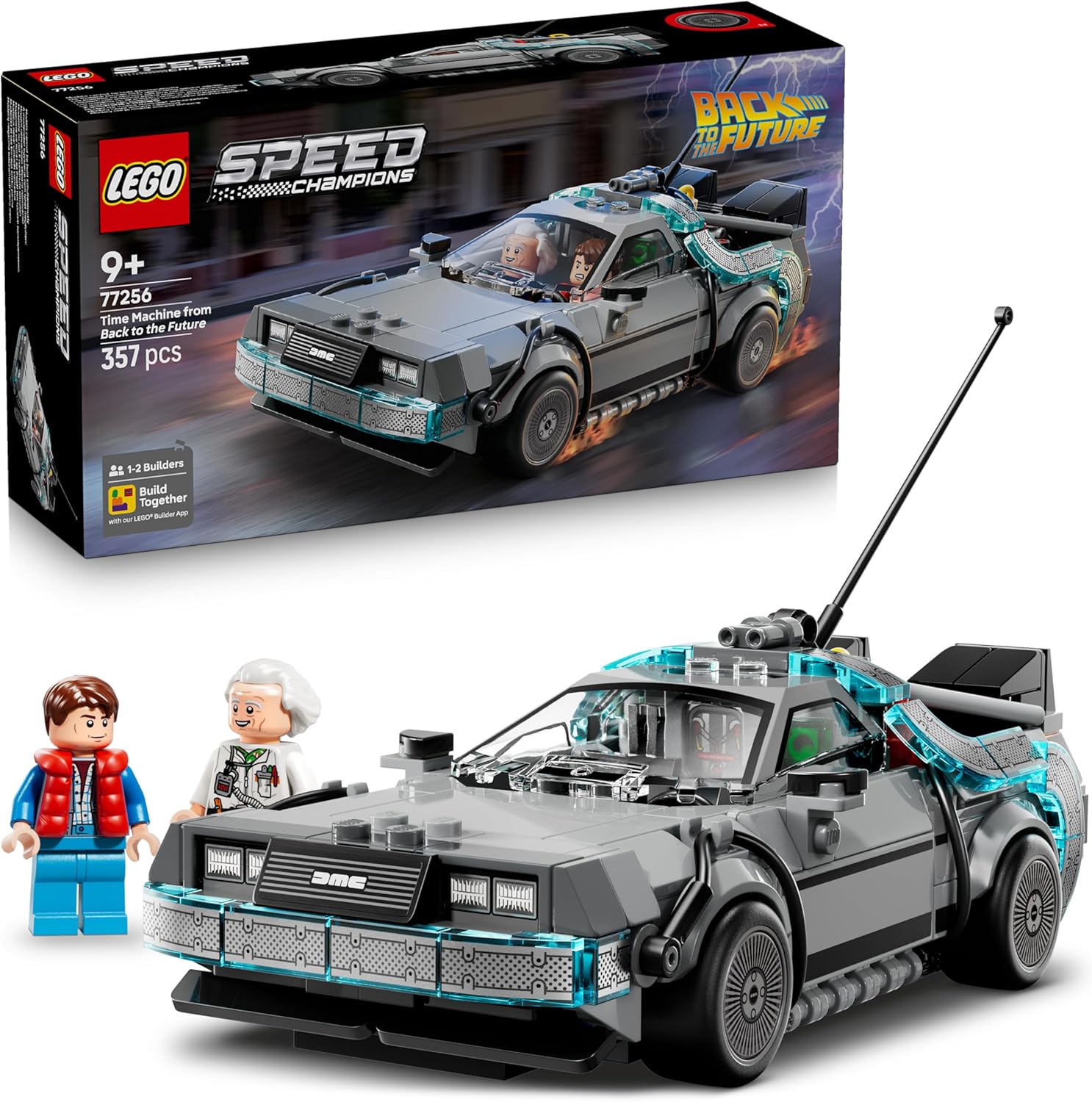 LEGO Speed ​​Champions Time Machine from Back to the Future, Children\'s Toy with Car Model and 2 Mini Figures, Marty McFly and Doc Brown, Creative Gift for Children from 9 Years, 77256