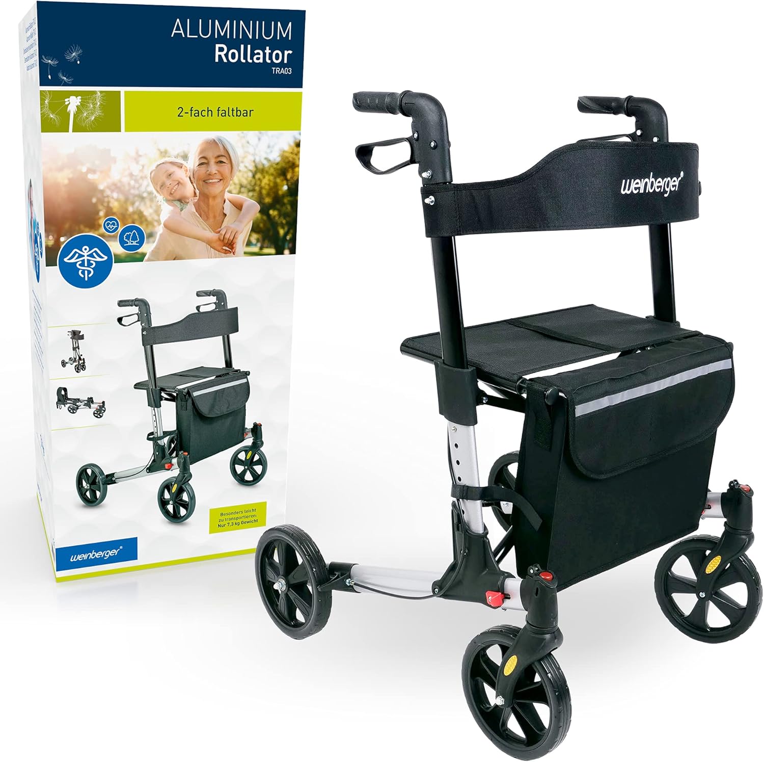Weinberger Lightweight Folding Aluminium Walker All-Inclusive with Bag Stick Holder Brakes Lightweight Only 7.3 kg Height Adjustable Walking Aid Travel Rollator Colour Silver/Black