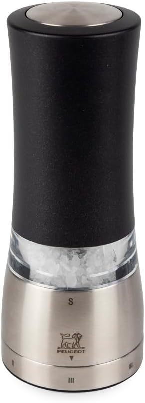 PEUGEOT - u\'Select Daman Electric Salt Mill 16 cm + Rock Salt - 6 Preset Grinding Levels - Aluminum - French Design - Black
