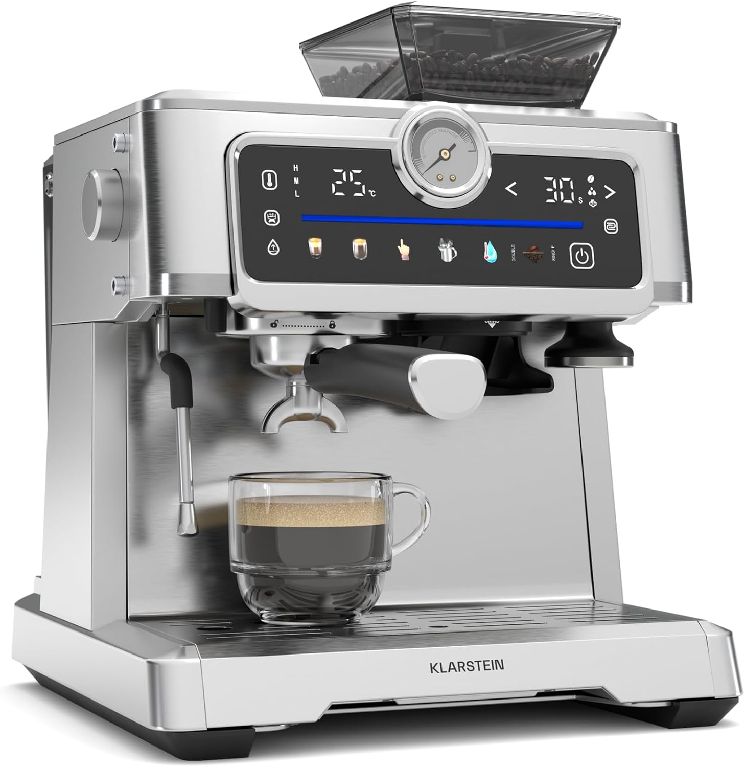 Klarstein GrandPresso Touch Portafilter Machine with Grinder - 20-Bar, 1350 W, Integrated Precision Grinder, 2.3 L Water Tank, Touch Screen, Stainless Steel, Steam Nozzle, Pressure Gauge