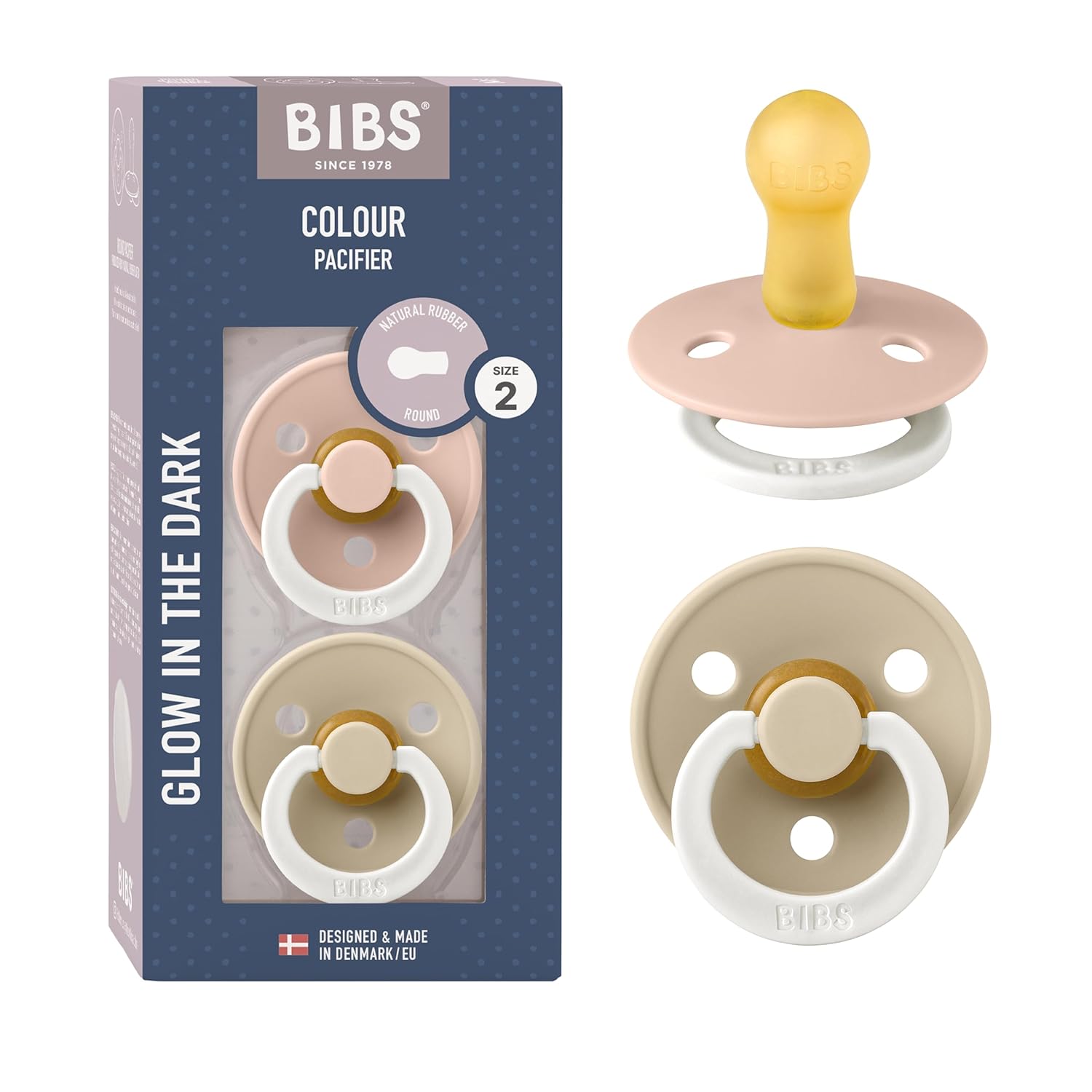Bibs color dummies, pack of 2, natural rubber Danish dummies in a cherry shape, blush night/vanilla night, size 2 (6-18 months)