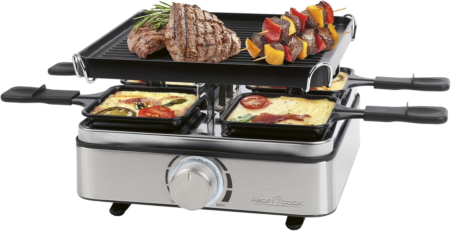 ProfiCook Raclette 4 People | Includes 4 Pans and 4 Wooden Spatulas | Reversible Cast Iron Plate for Even Heat Distribution | Raclette 4 Pans | Infinitely Adjustable Thermostat | 800W | PC RG 1301