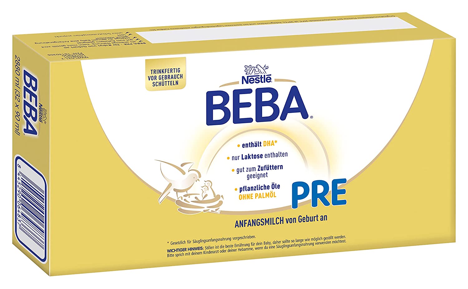 Nestlé BEBA PRE, Säuglingsmilchnahrung von Geburt an, trinkfertige Babymilch im Fläschchen, leicht verträgliche Babynahrung, 32er Pack (32 x 90 ml)