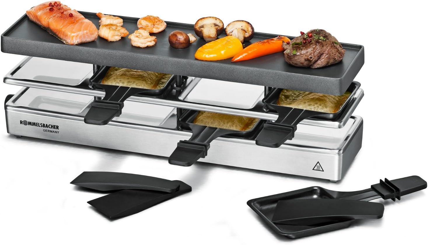 ROMMELSBACHER RC 800 raclette grill fun for 4 (table grill, for 4 people, expandable, parking deck, aluminum die-cast grill plate with Xylan Plus non-stick coating, 795 W) silver