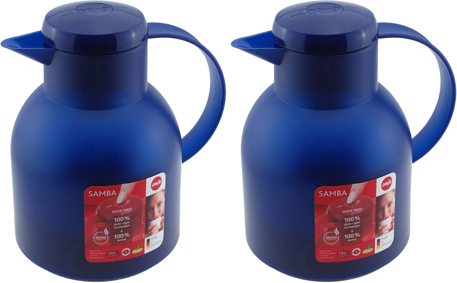 Emsa Samba 504231 Insulated Jug, 1 Liter, Quick Press Closure, 100% Leak-Proof, 12 Hours Hot, 24 Hours Cold, Translucent Blue, Polypropylene (Pack of 2)