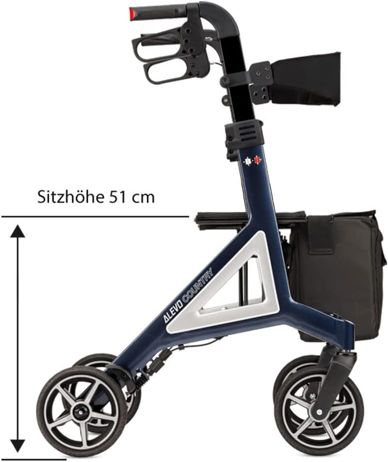 Rehameister Bischoff & Bischoff Alevo Country Folding Rollator - Off-Road Rollator for Indoor and Outdoor Use Walker with Profile Tyres and Removable Bag, Seat Height 51 cm, Night Blue