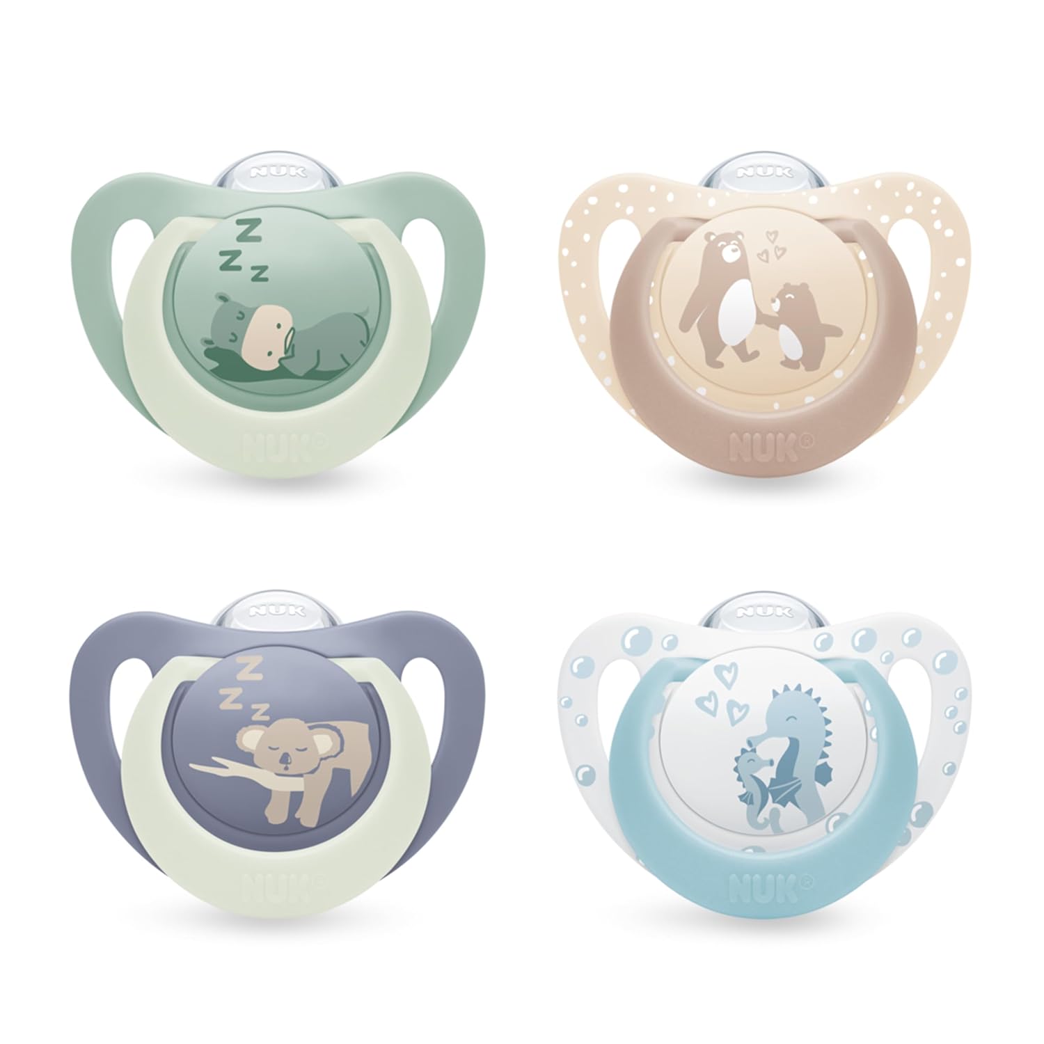 NUK First Choice Day & Night Baby Dummies | 0-6 Months | Orthodontic Dummies that Glow in the Dark | Soothes 99% of Babies** | Assorted | Pack of 4