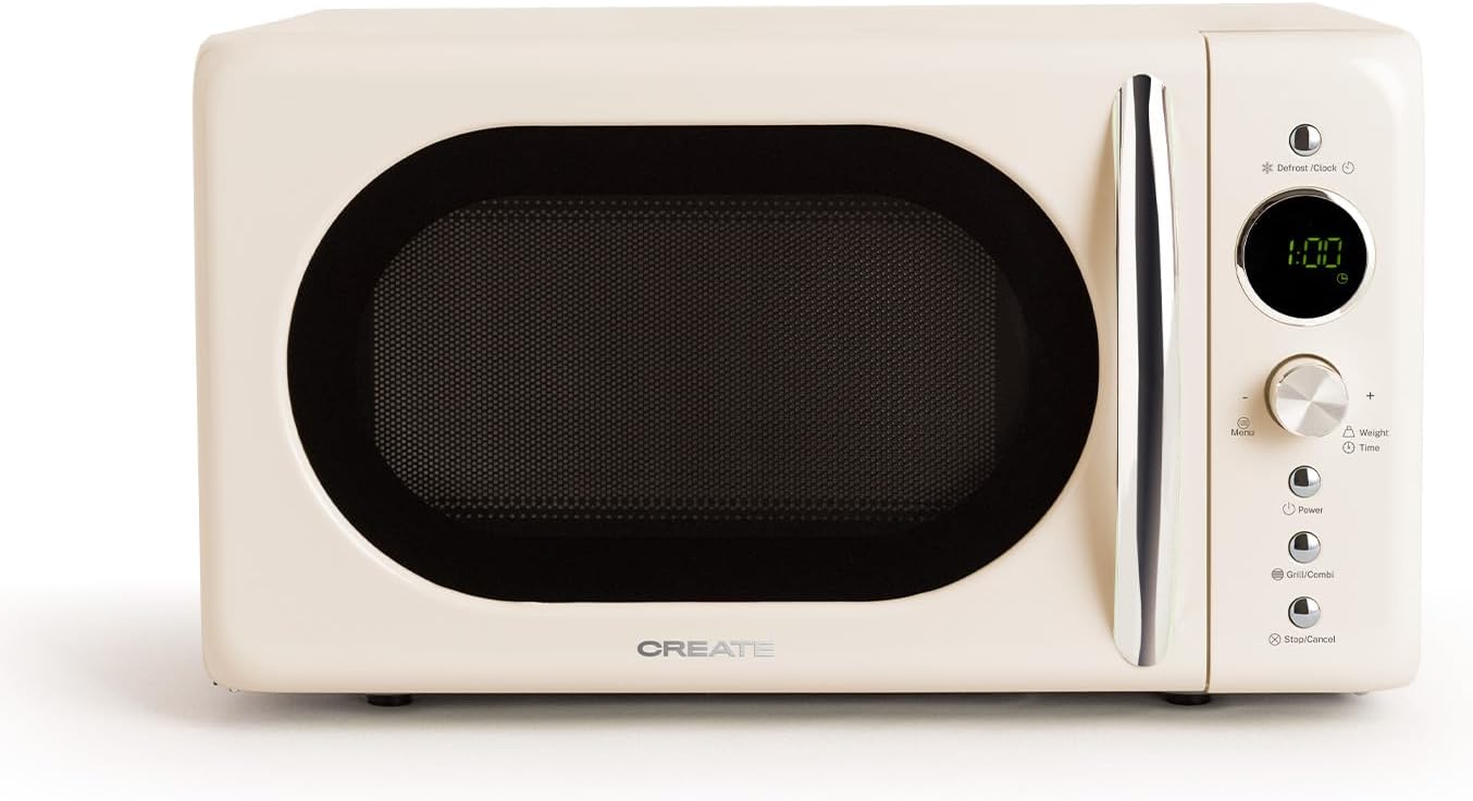 CREATE Microwave Retro Digital Microwave with Grill Function, Cream White/Retro Style, 20 L Capacity, Turntable Diameter 245 mm, 3 Programs, 9 Preset Menus, LCD Display, 900 W
