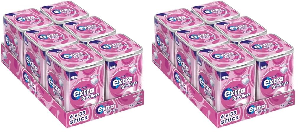 EXTRA Store Extra Refreshers Chewing Gum Sugar Free, Bubblemint Gum, 6 x 35 Dragees, Bulk Chewing Gum, Xylitol Chewing Gum No Sugar with Mint Freshness (210 Dragees) (Pack of 2)
