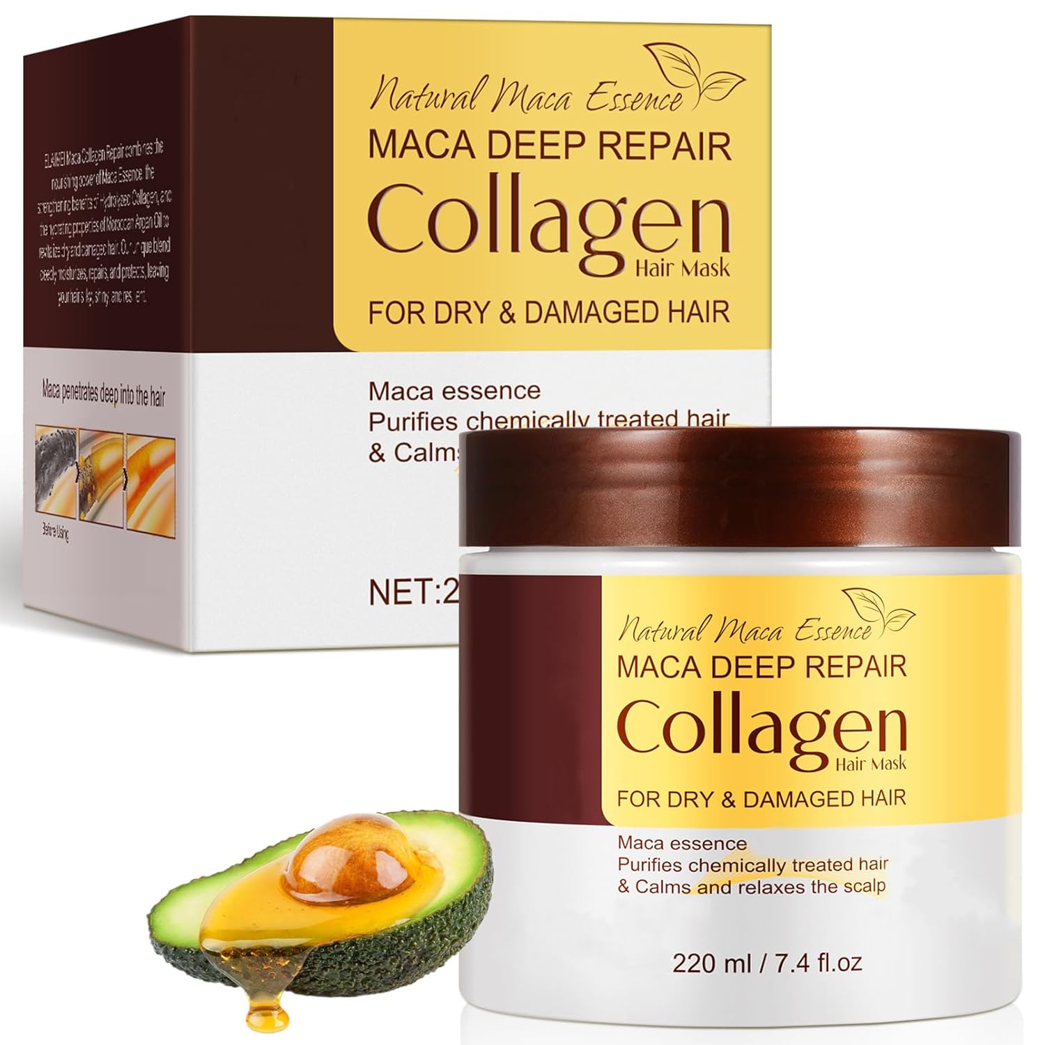 Collagen Hair Mask 220 ml - Argan Oil & Collagen Hair Treatment for Very Dry Hair - Maca Essence Deep Repair Hair Conditioner - Collagen Hair Mask for Damaged Hair - All Hair Types Hair Care