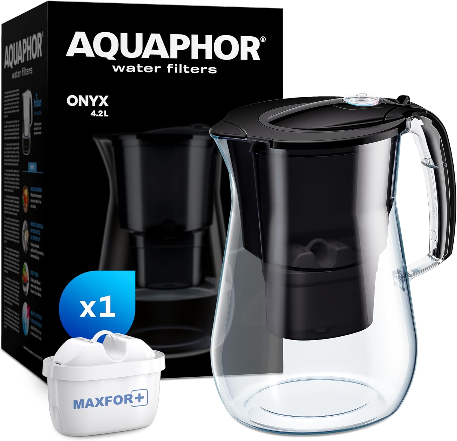 AQUAPHOR Water Filter Onyx Incl. 1 Maxfor+ Filter Cartridge - Premium Water Filter in Glass Look to Reduce Limescale, Chlorine and Other Substances