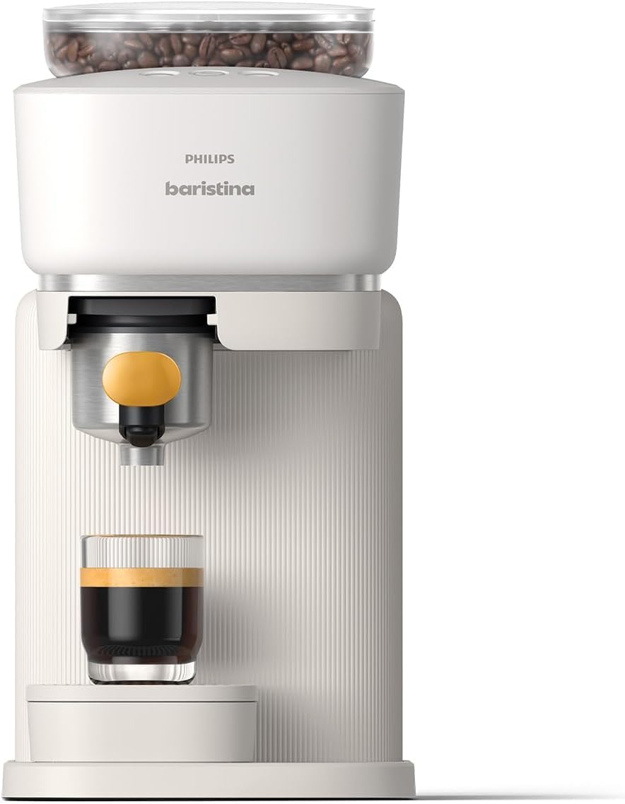 Philips Baristina Espresso Machine - Real Espresso, Made Simple. Compact Coffee Machine, Natural White with Mango Yellow Portafilter, 16 Bar Pump Pressure, Automatic Grinder, Cafe Crema (BAR300/03)