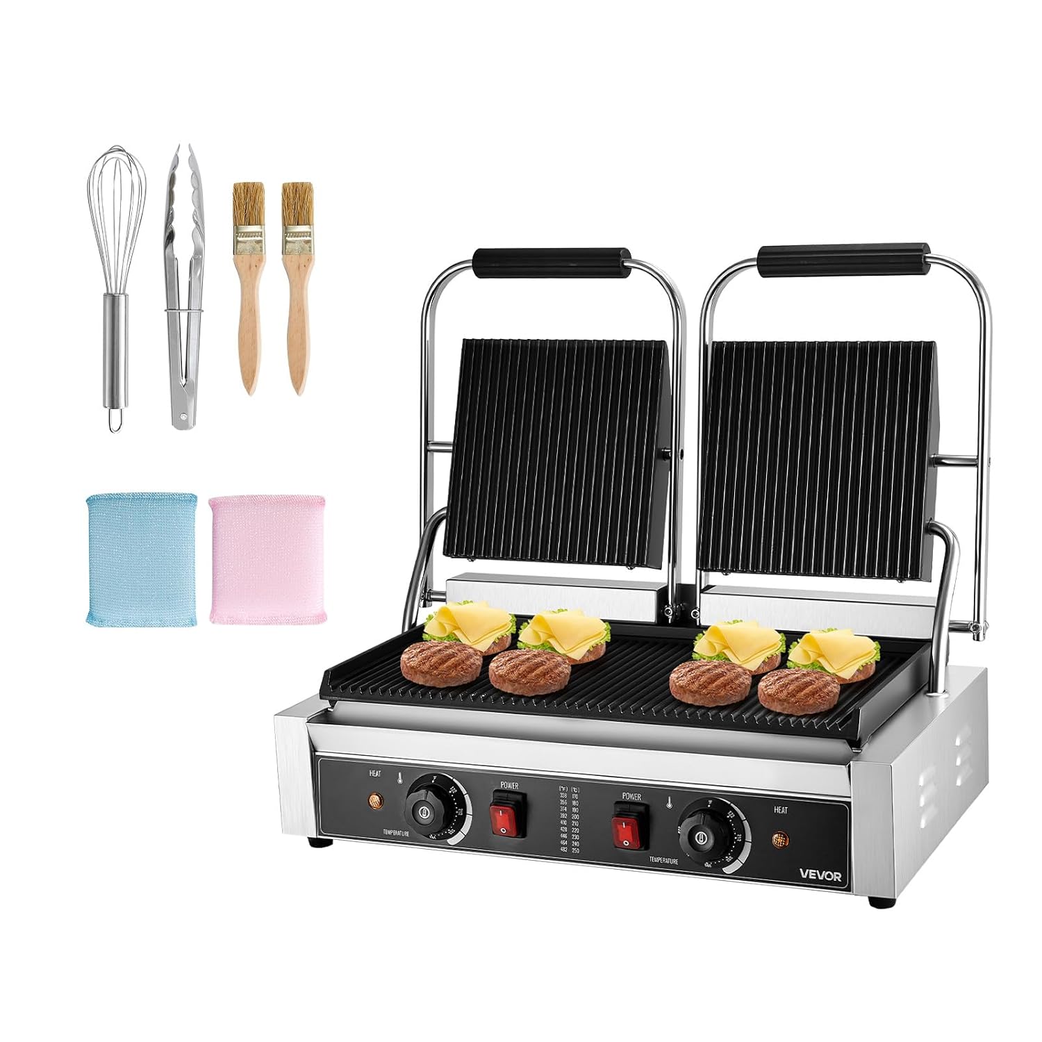 VEVOR Commercial Contact Grill 3600W Electric Grill Sandwich Maker (Double Baking Plates) Panini Press Stainless Steel with Temperature Control, 48 x 23 cm Grooved Enamel Plate for Hamburger Steak
