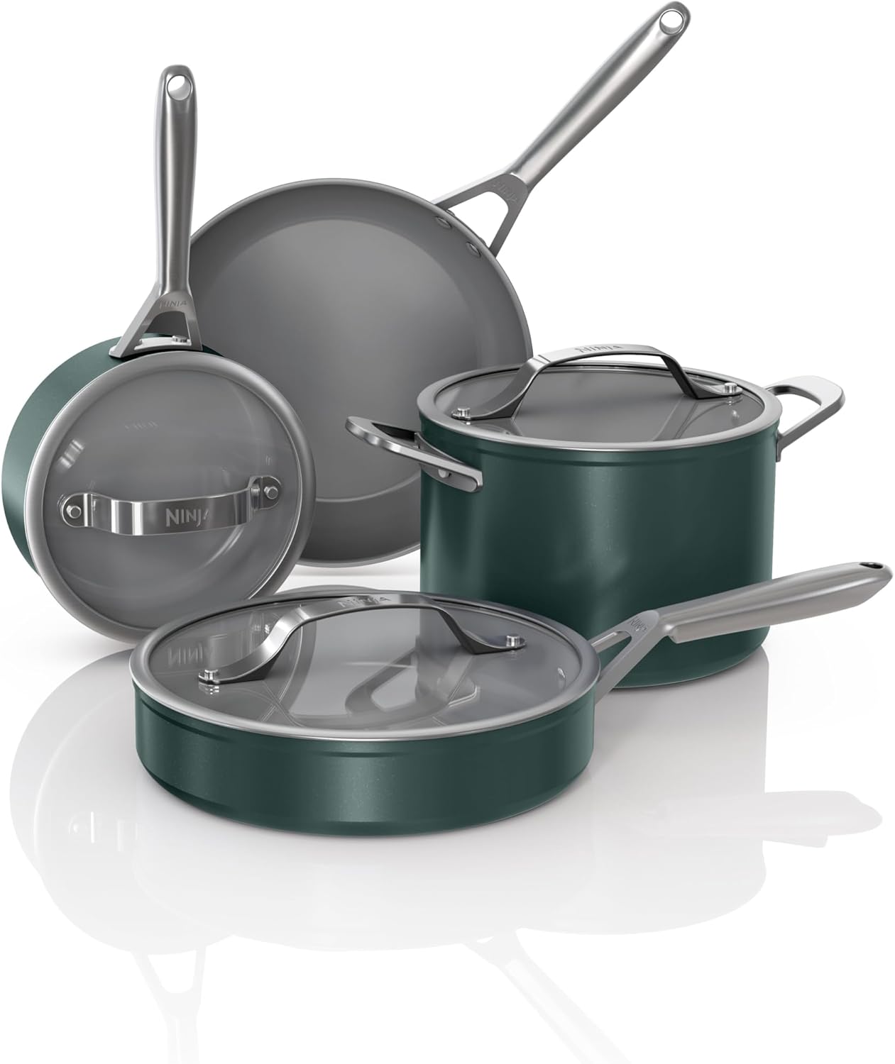 Ninja NeverStick Ceramic Pro 7 Piece Cookware Set, Non-Stick Pots, Pans, Glass Lids, Ceramic Coated, Stainless Steel Handles, Cooker to Oven Safe, All Hobs &