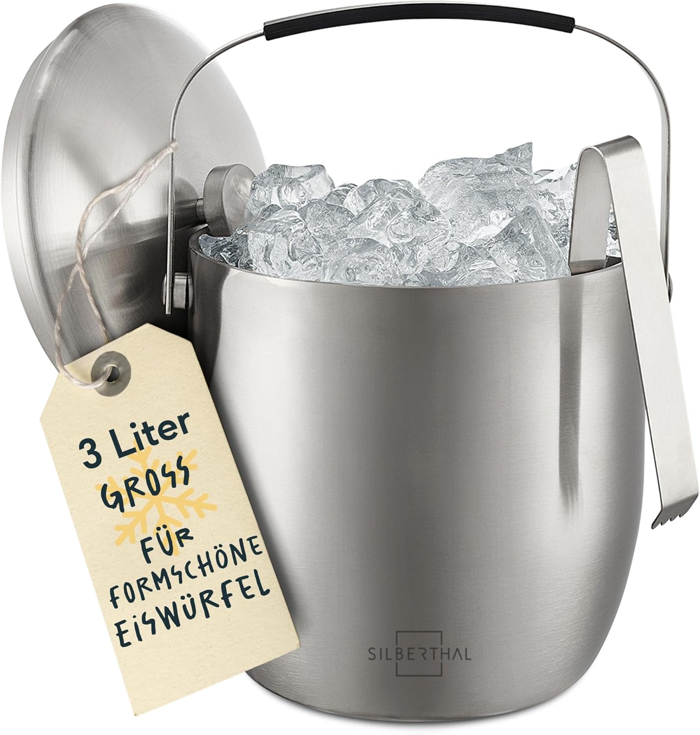 SILBERTHAL Ice Cube Tray With Lid And Tongs, Stainless Steel, Double-Walled Insulated, Extra Cooling With Cooling Cuff, Ice Bucket 3 L