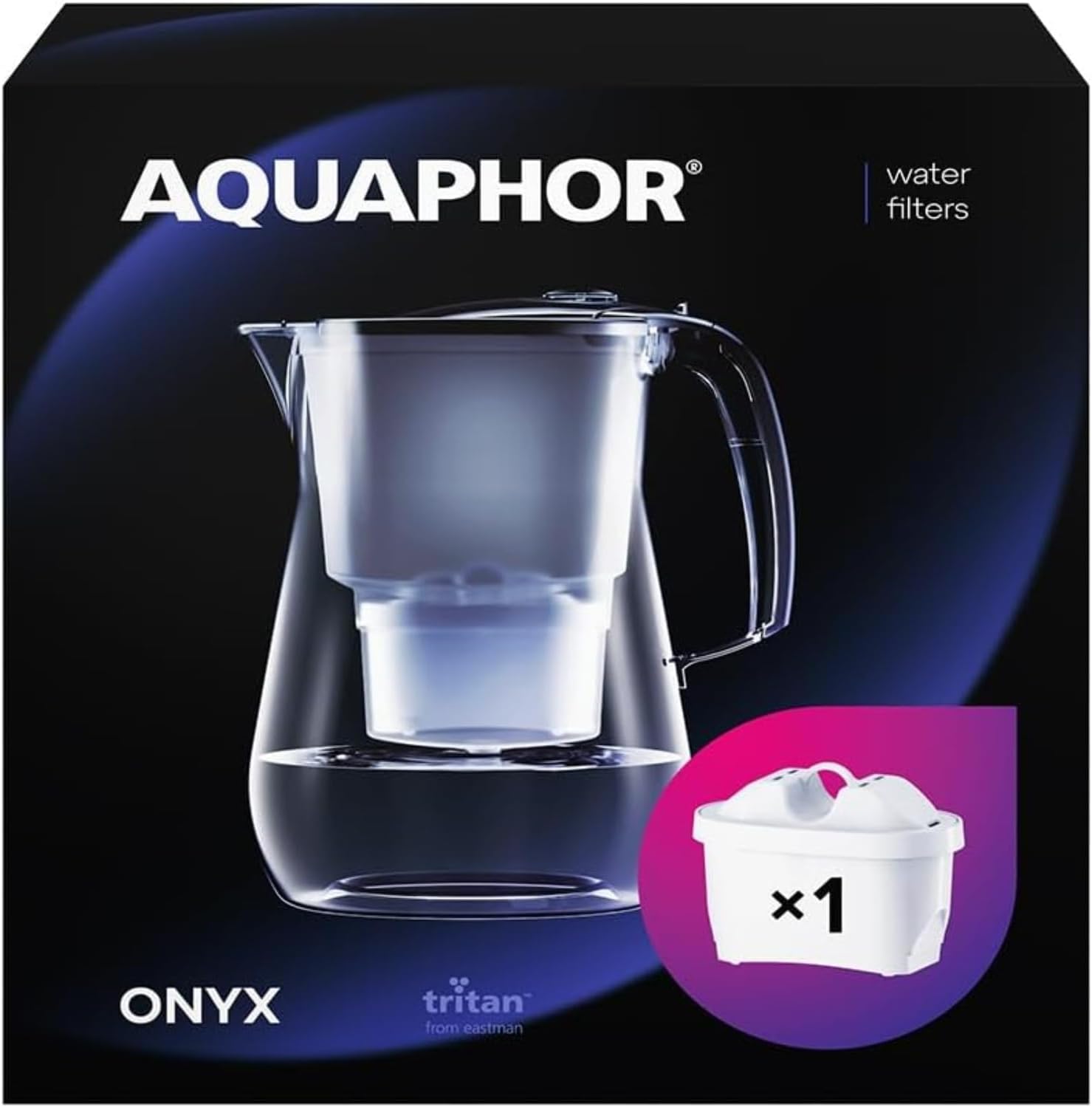 AQUAPHOR Water Filter Onyx Incl. 1 Maxfor+ Filter Cartridge - Premium Water Filter in Glass Look to Reduce Limescale, Chlorine and Other Substances