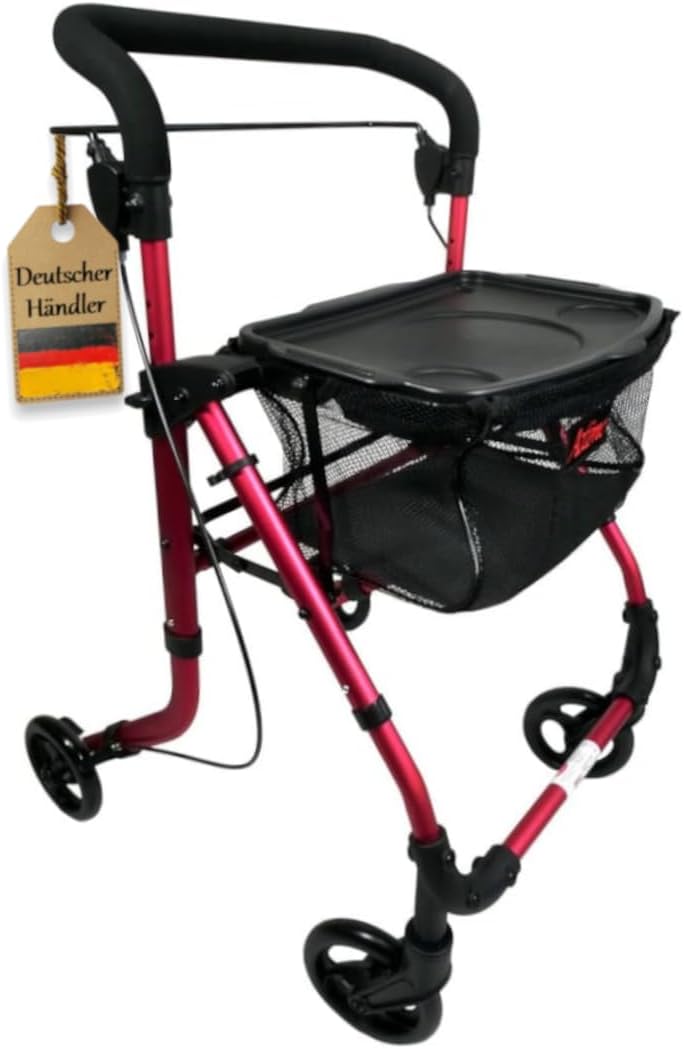 FabaCare ActimoHome Indoor Rollator Slim with Tray, Lightweight Home Rollator, Foldable, up to 100 kg, Raspberry Red