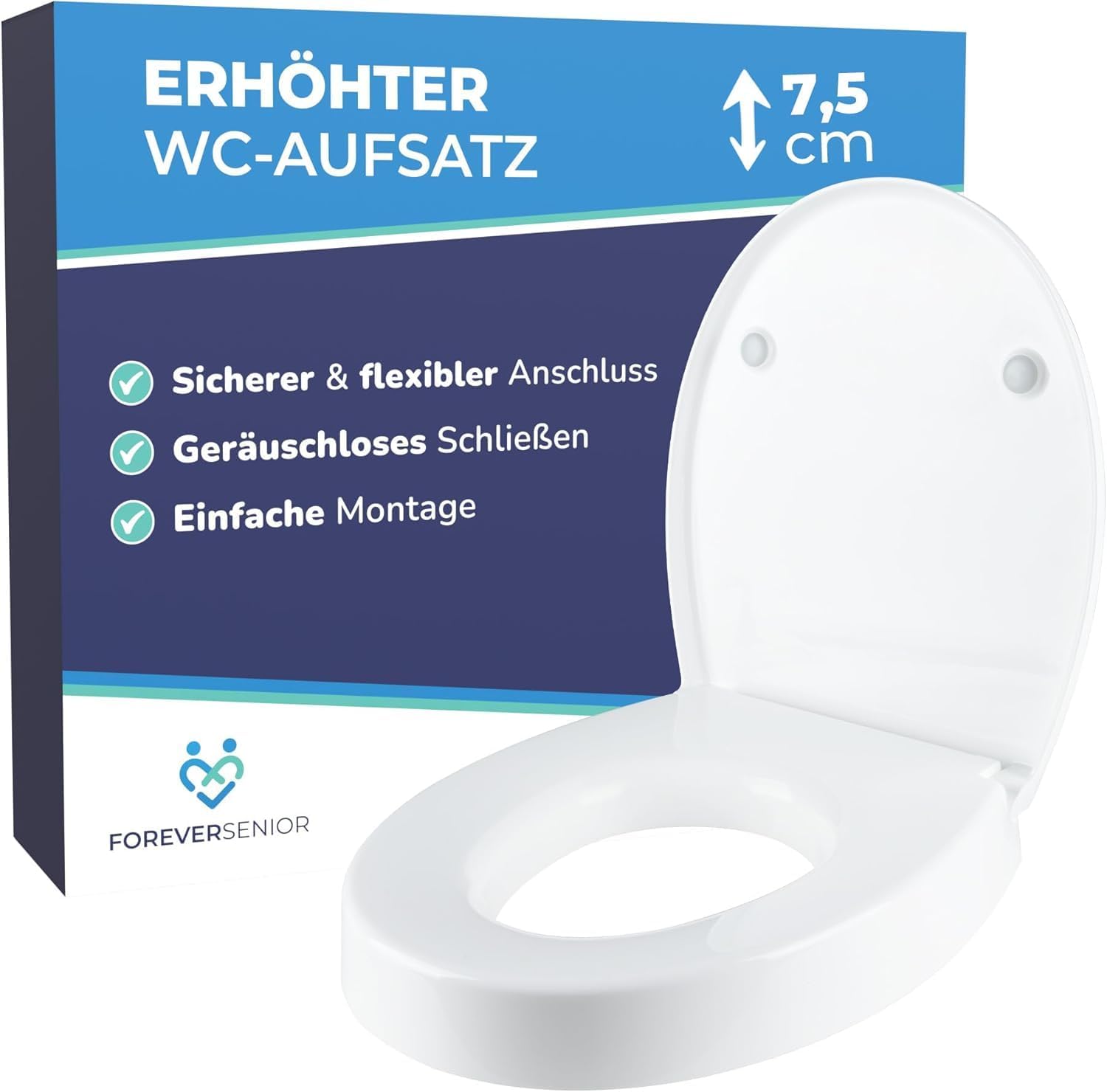 ForeverSenior Store Toilet Seat Raiser 7.5 cm - Raised Toilet Seat with Lid & Soft-Close Mechanism, Ergonomic Toilet Booster Seat for Seniors, Easy Assembly, Non-Slip & Comfortable