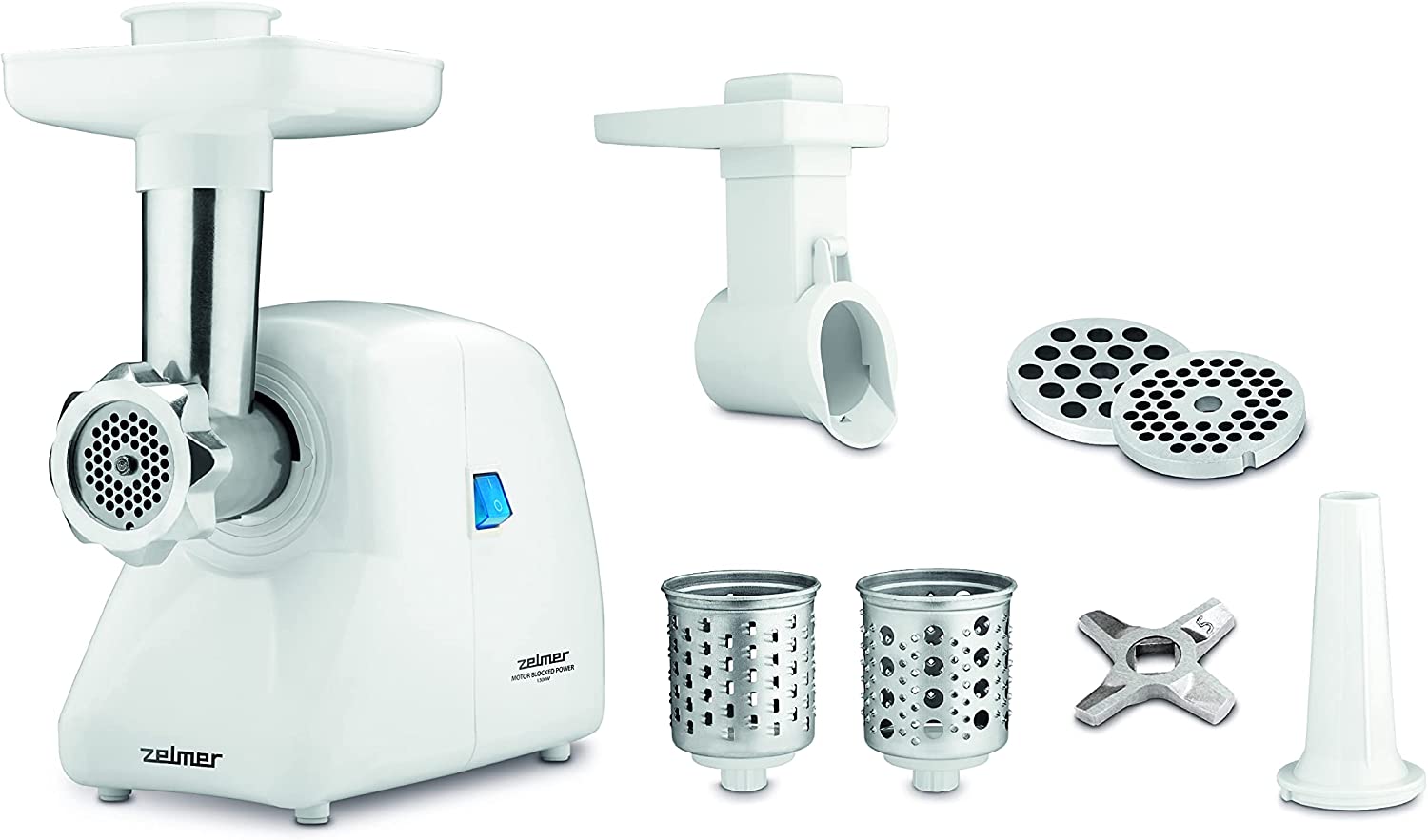 Zelmer ZMM2854B Electric Meat Mincer, 1300 W, Power 1.5 kg/min, Double Knife, Sieve with 4 mm and 8 mm Mesh Size, Chopper with 2 Drums, Sausage Attachment, 1500, Plastic, White