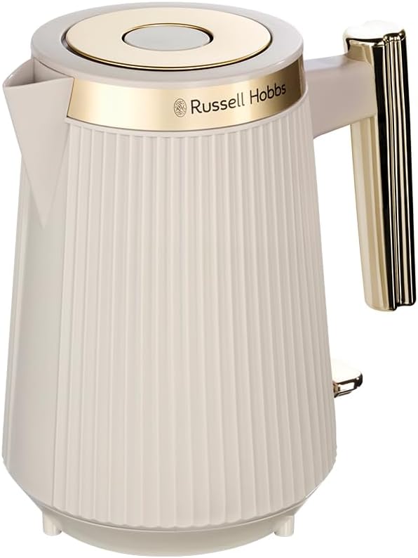 Russell Hobbs Store Russell Hobbs Brontë Stone Kettle [1.7 L, 2400 W] (Matte Design, Gold Accents, Spout, Water Level Indicator, Removable Limescale Filter, Lighting, Lid Opening at the Touch of a Button) 26751-70