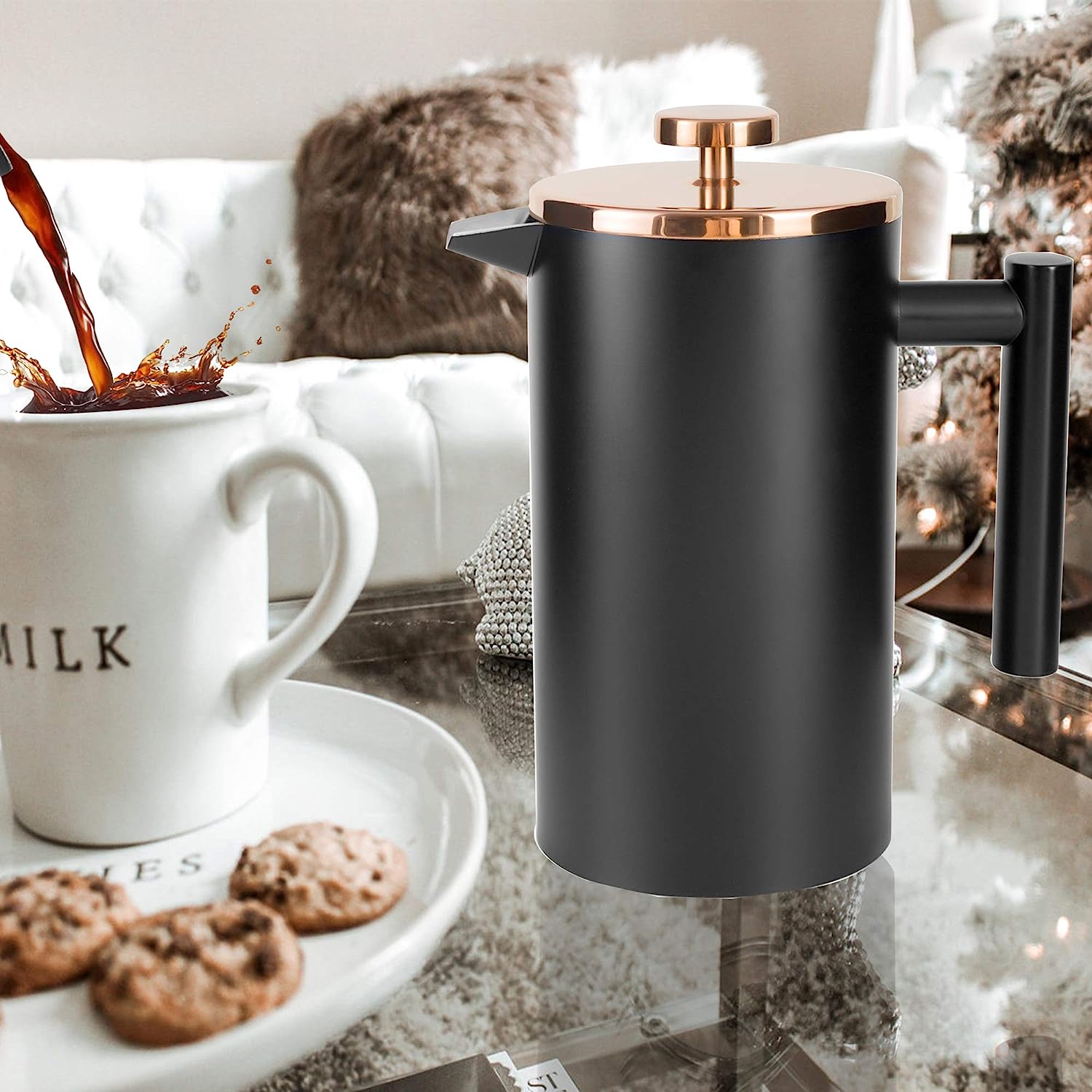 MaxMiuly French Press Coffee Maker 0.35 Litres Small Double-Walled Stainless Steel French Coffee Press Including Replacement Filter 350 ml 2 Cups Black