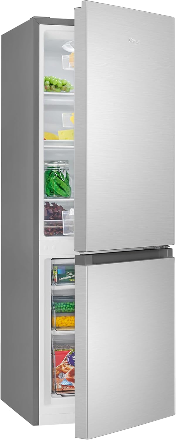 Bomann® Fridge-Freezer KG 320.2, 143 cm High, Fridge-Freezer with 175 Litre Capacity, 3 Shelves and 3 Drawers, Door Stop Replaceable, Quiet Fridge-Freezer 39 dB, Inox