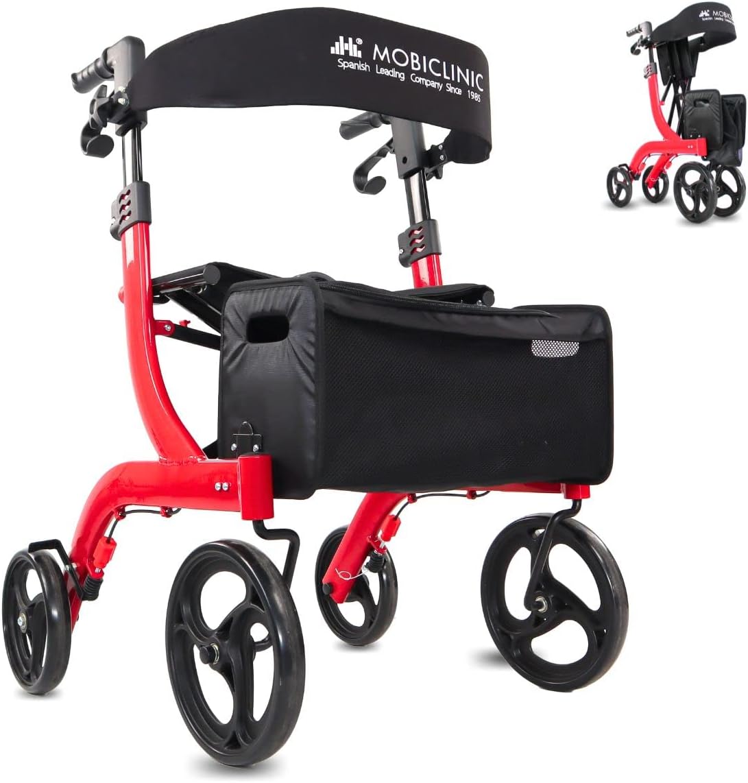 Mobiclinic® Pro, Walker, Foldable with One Hand, Large Wheels, Double Brake System, Invicto, Off-Road Running, Large Basket, Padded Seat and Backrest, Height Adjustable, Walking Aid