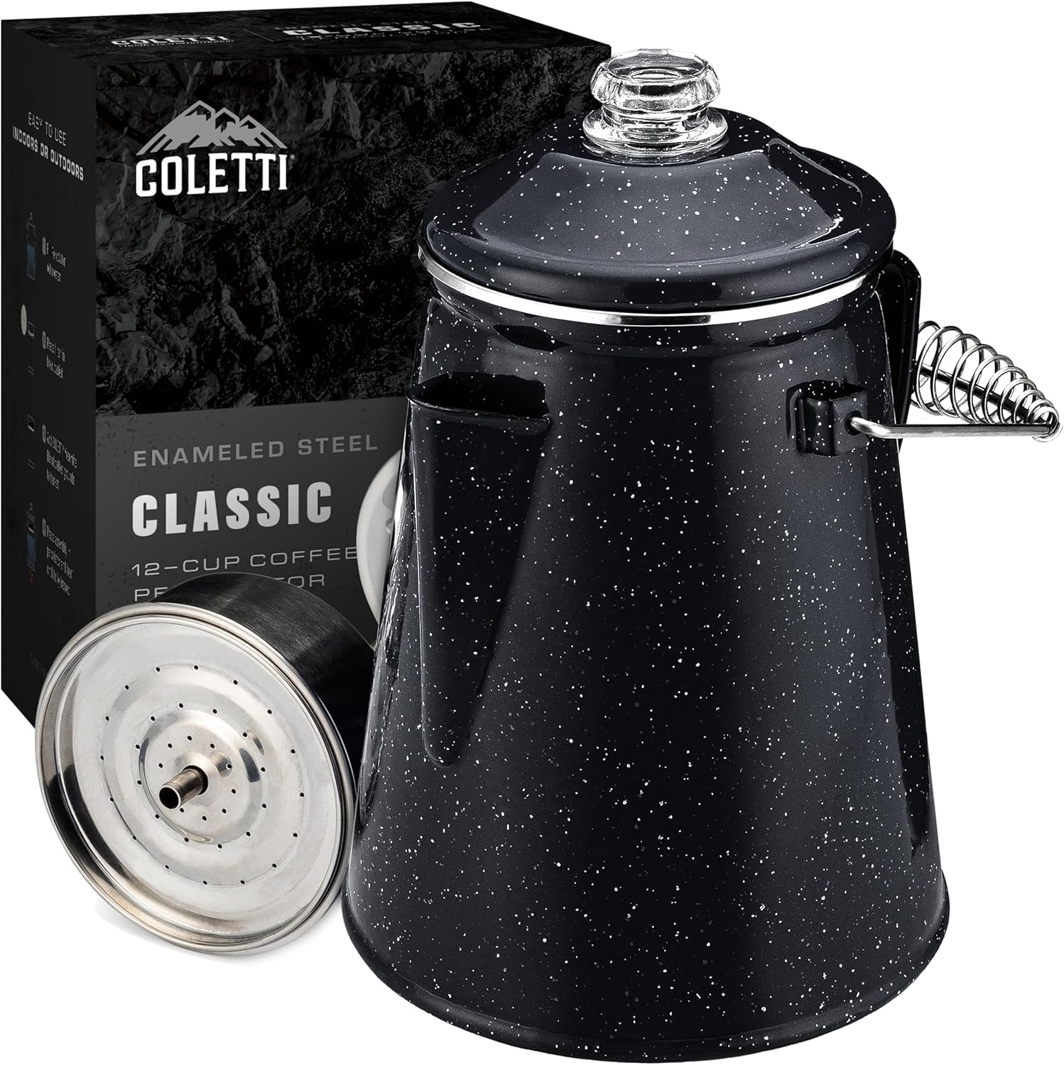 Coletti Classic Coffee Percolator - Percolator Coffee Pot, Cowboy Coffee Pot - The Original Camping Coffee Maker, Now Modernized - For Brewing Master On The Campsite [Black, 12 Cups]