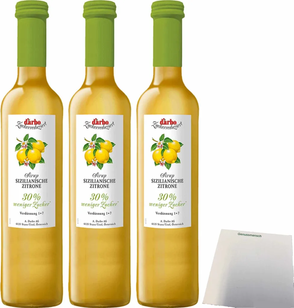 Darbo Sicilian Lemon Fruit Syrup, Reduced Sugar, 3-Pack (3 x 0.5L Bottles) + usy Block 1512g