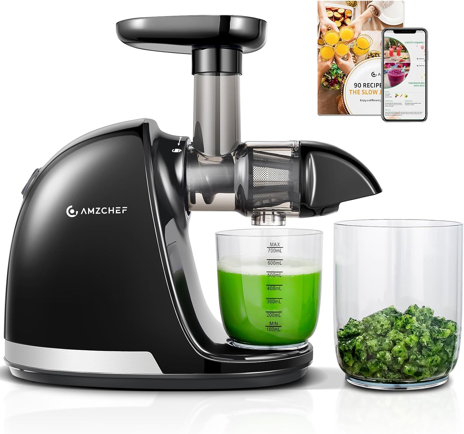 AMZCHEF Juicer Vegetable and Fruit Test Winner - Juicer Slow Juicer with Reverse Chewing Function - Delicate Chopping without Filters - Electric Juicer with Brush and 2 Cups - Matte Black