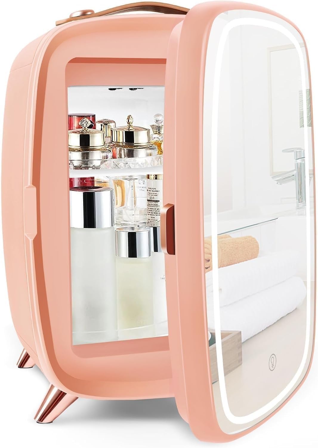 KFO Mini Cosmetic Fridge 6 L, Ultra Quiet (20 dB) with LED Mirror for Skincare & Makeup, Small Fridge for Skin Care in the Bedroom and Bathroom (Pink)