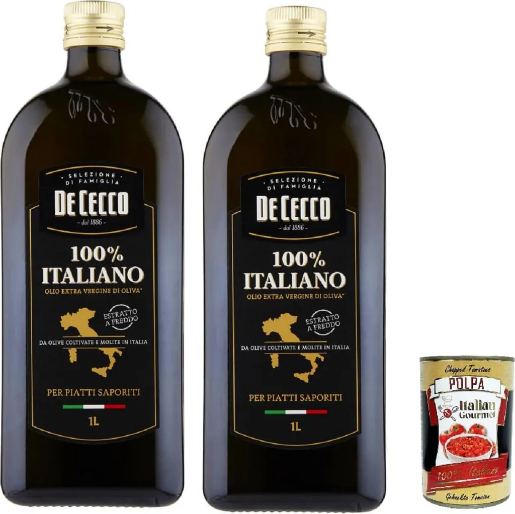 De Cecco Extra Virgin Olive Oil 100% Italiano – cold extracted, fruity & balanced – 2 x 1 L (2 L) stock in dark glass jars – for cooking & raw food – + Italian Gourmet polpa 2400 ml