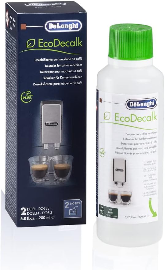 De Longhi De\'Longhi Original EcoDecalk DLSC202 Descaler for Coffee Machines and Fully Automatic Coffee Machines, Universal Limescale Remover for 2 Descaling Operations, Contains Natural Raw Materials of Organic Origin, 200 ml