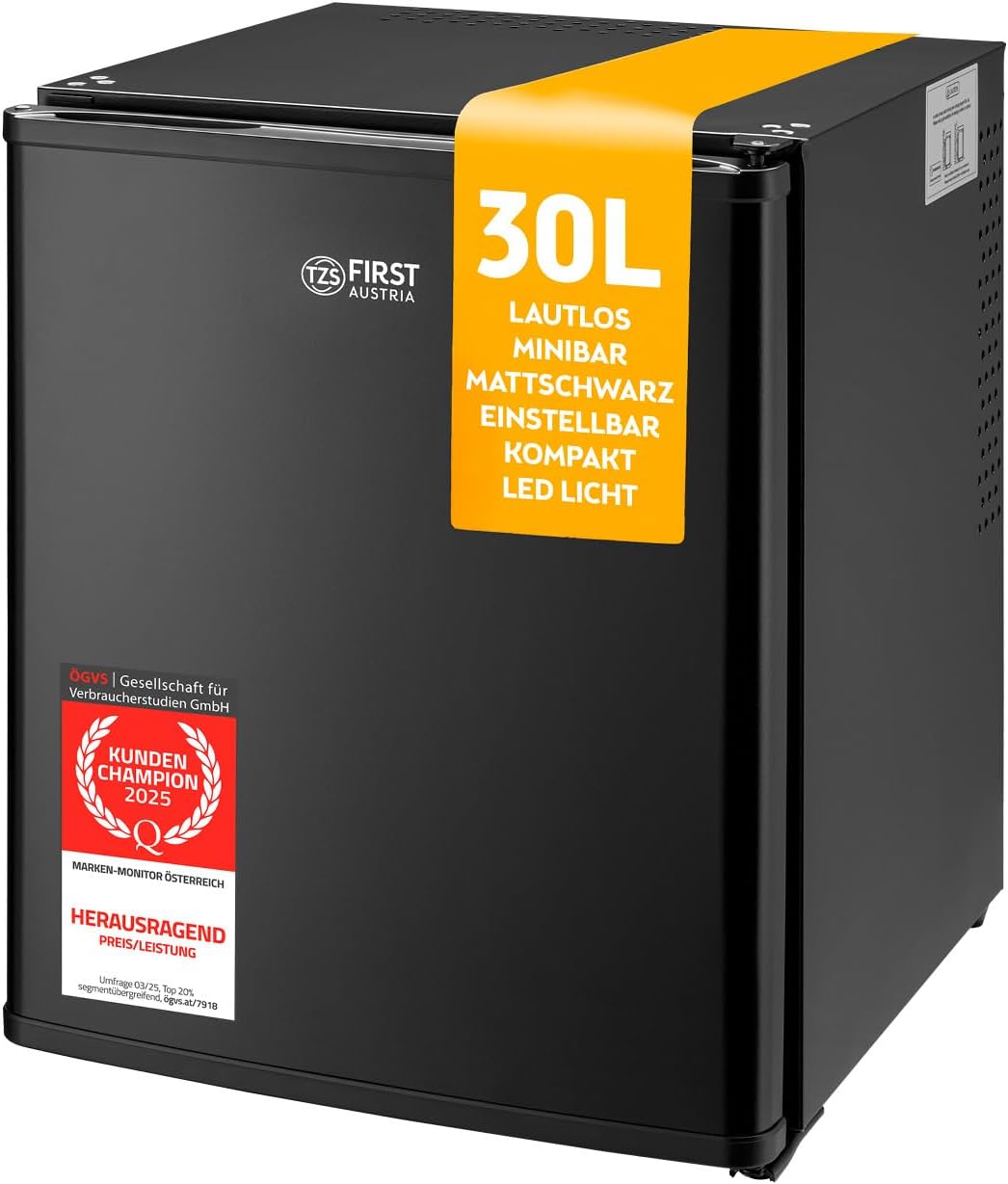 TZS First Austria - Mini Fridge 30 L Completely Silent - Small Mini Fridge, Interchangeable Door Hinge & Interior Lighting - Mini Bar for Camping, Office, Bedroom & Hotel - Matte Black