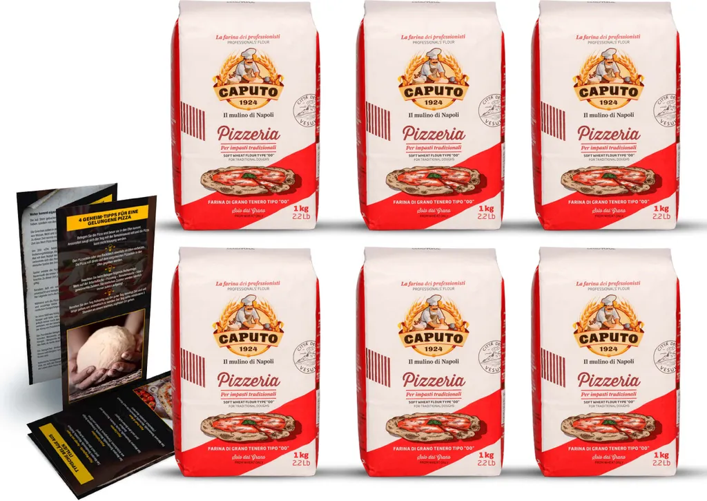 DELICRET - 6x1kg Caputo Pizzeria + Original Pizza Recipe and Tips | Pizza Flour for Proving Times up to 24 Hours | Pizza Flour Type 00 |