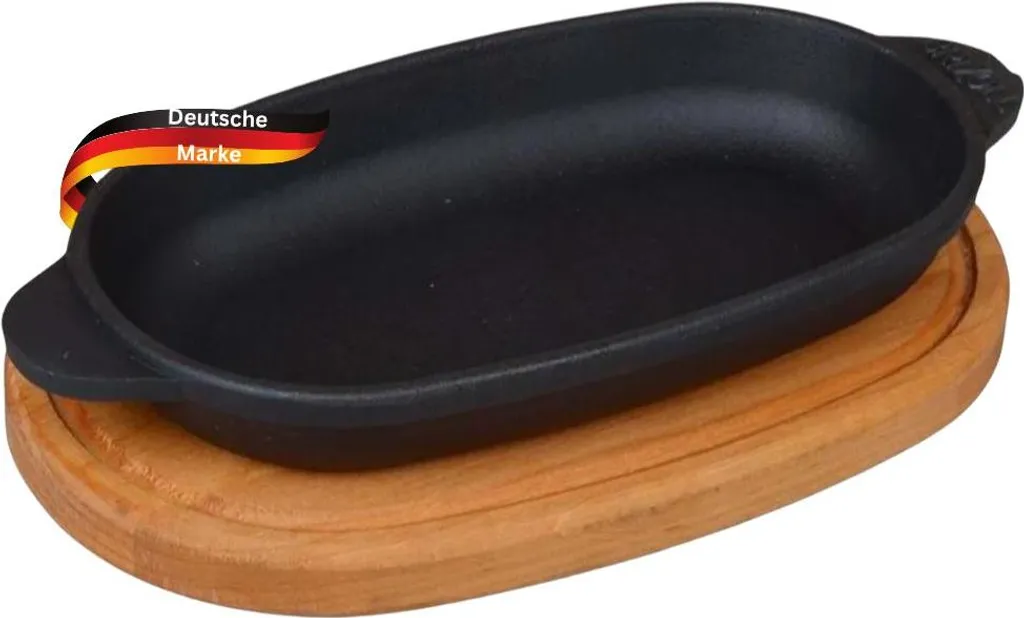 DELUKE® Cast Iron Serving Pan LUDI [WITH WOODEN TRAY] - 18x10cm | Cast Iron Grill Pan, Oval Cast Iron Pan for Oven & Grill