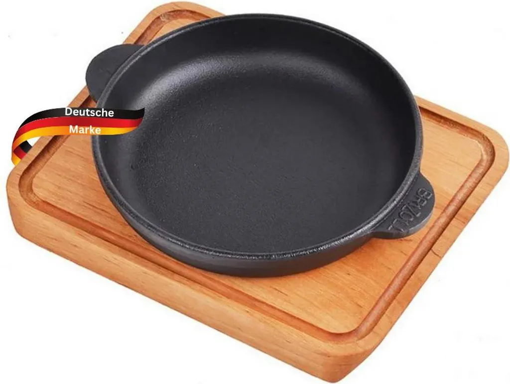 DELUKE® Cast Iron Serving Pan MODI [WITH WOODEN TRAY] - 18cm ⌀ | Cast Iron Grill Pan, Round Cast Iron Pan for Oven & Grill
