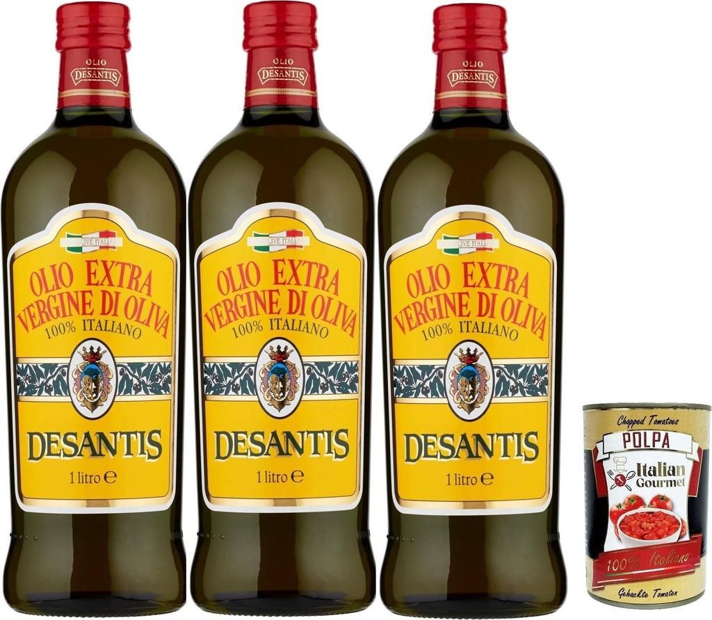 Italian Gourmet E.R. Desantis Extra Virgin Olive Oil 100% Italiano, 100% Italian Extra Virgin Olive Oil, 3 x 1 lt, + Italian Gourmet polpa 400g