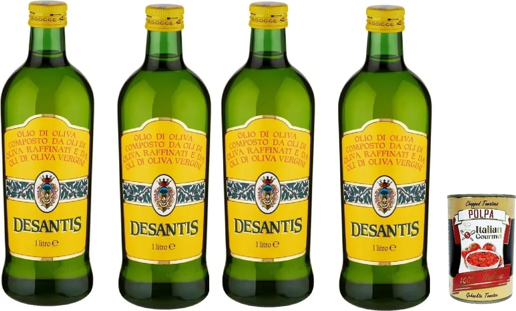 Desantis Olive Oil, a blend of refined and virgin olive oil – 4 x 1 L glass bottles – mild and versatile for cooking, frying, and baking – Italian quality – + Italian Gourmet polpa 4400 ml