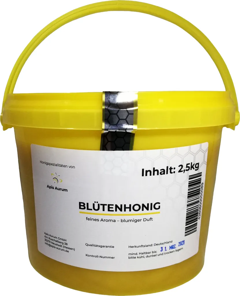 Apis Aurum GmbH German honey in a 2.5 kg honey bucket. Blossom honey from Hesse - gently harvested, gently processed, finely sieved and unfiltered. 2500g