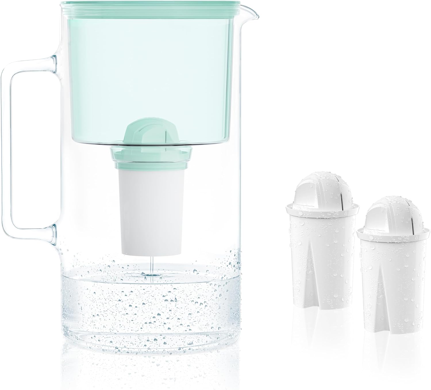 Wessper Water Filter Jug Glass 3 L Crystaline, Set Water Jug and 2 Filters Aqua Classic, Water Carafe for Drinking Water Compatible with Brita Classic, Dafi - Mint