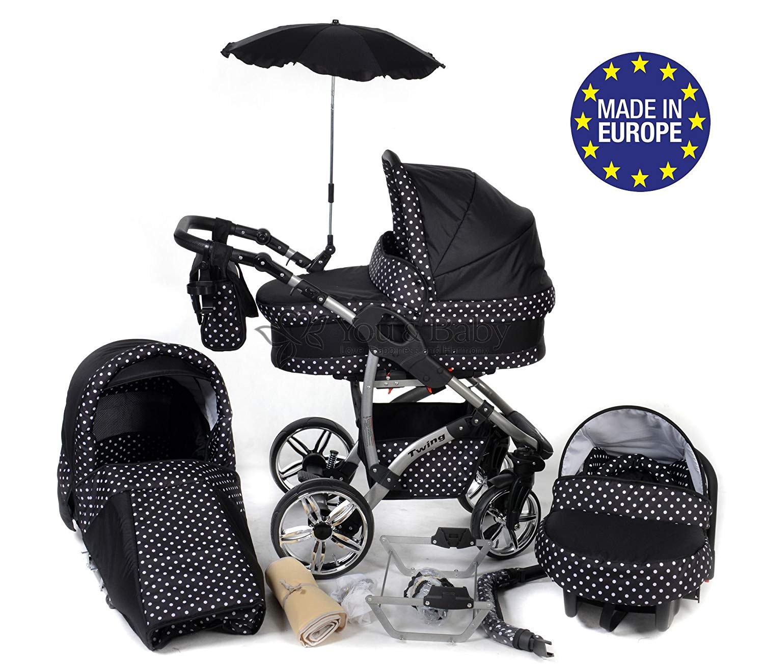 Baby Sportive Twing – 3 in 1 Travel System Including Pushchair with Swivel Wheels, Car Seat, Pushchair & Accessories, Black and White Polka Dot Design