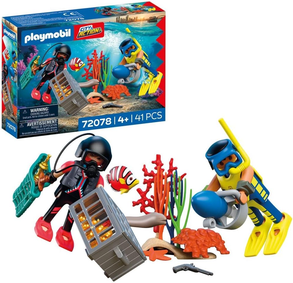 PLAYMOBIL City Action Police Diver with Treasure | 2 Figures + Underwater Scooter & Sea Animals | Promotes Creativity | Children\'s Toy from 4 Years | 72078
