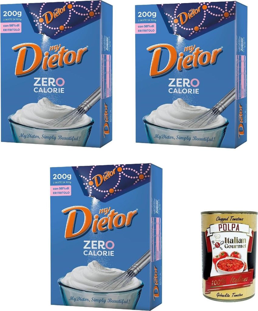 Dietor, my Dietor Zero Calorie, Natural Sweetener 0 kcal, Gluten-free, Aspartame-free, Powder form 3 x 200g + Italian Gourmet polpa 400g