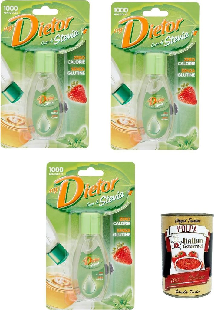 Italian Gourmet E.R. Dietor - MyDietor Cuor di Stevia, Natural liquid sweetener 0 kcal, Gluten-free, Aspartame-free 3 x 50 ml + Italian Gourmet polpa 400g