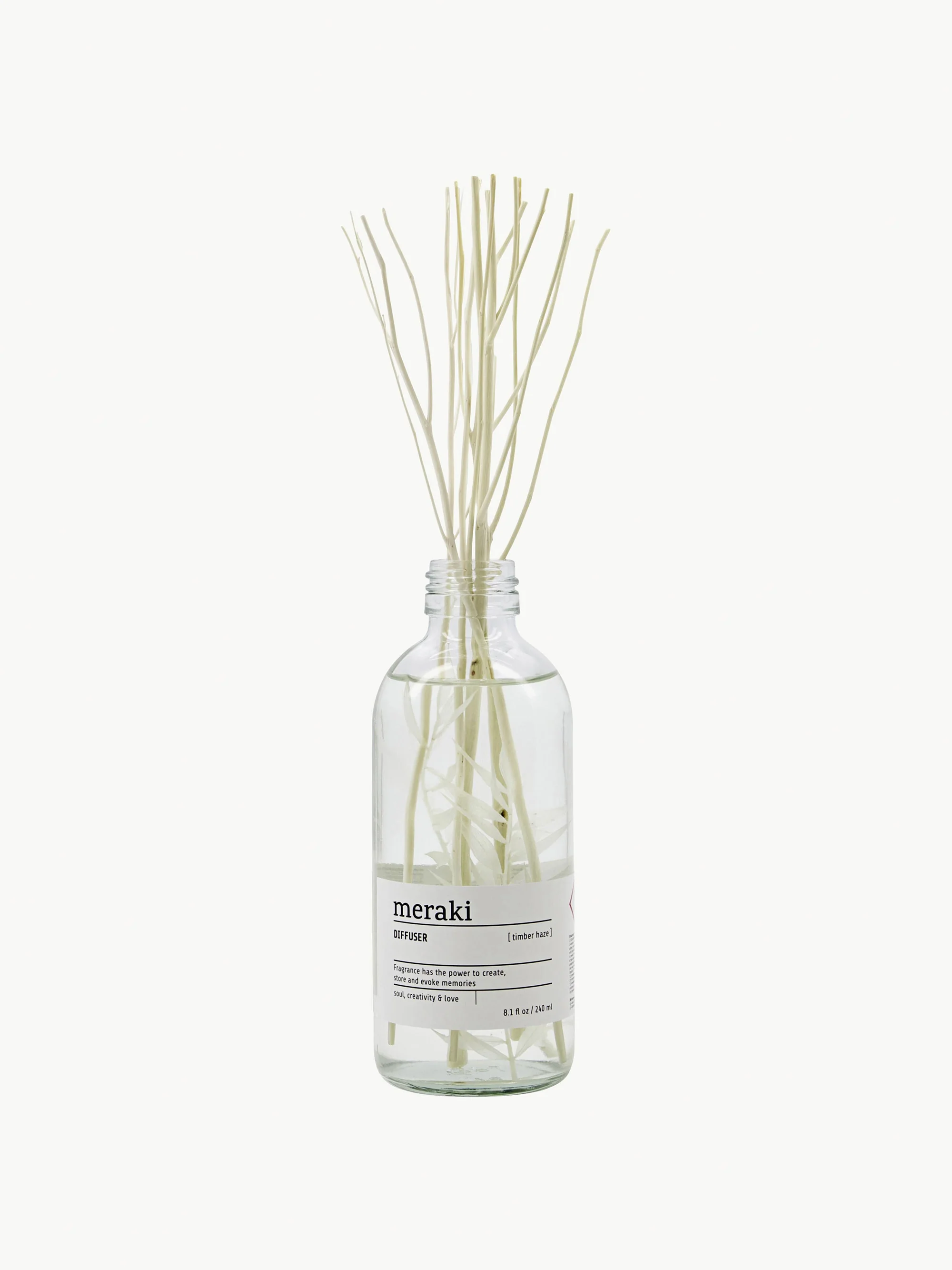 Meraki Diffuser Timber Haze (Citrus fruits, Rose, Geranium & Jasmine), Bottle: Transparent, White
Sticks: Beige