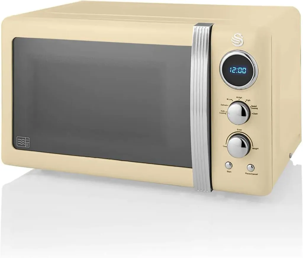 Swan Digital microwave oven 20L, 5 power levels, defrost function, 60-minute timer, mirrored door, 27cm turntable, vintage design, cream, 800W