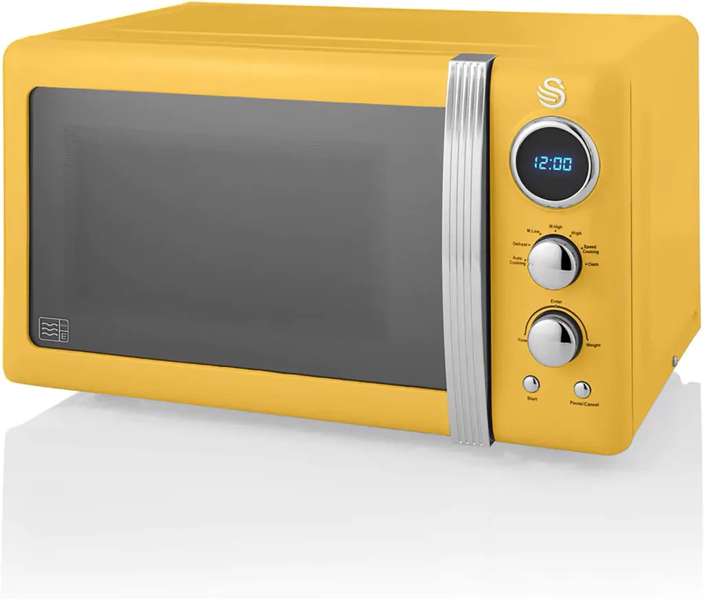 Swan Digital microwave oven 20L, 5 power levels, defrost function, 60-minute timer, mirrored door, 27cm turntable, vintage design, yellow, 800W