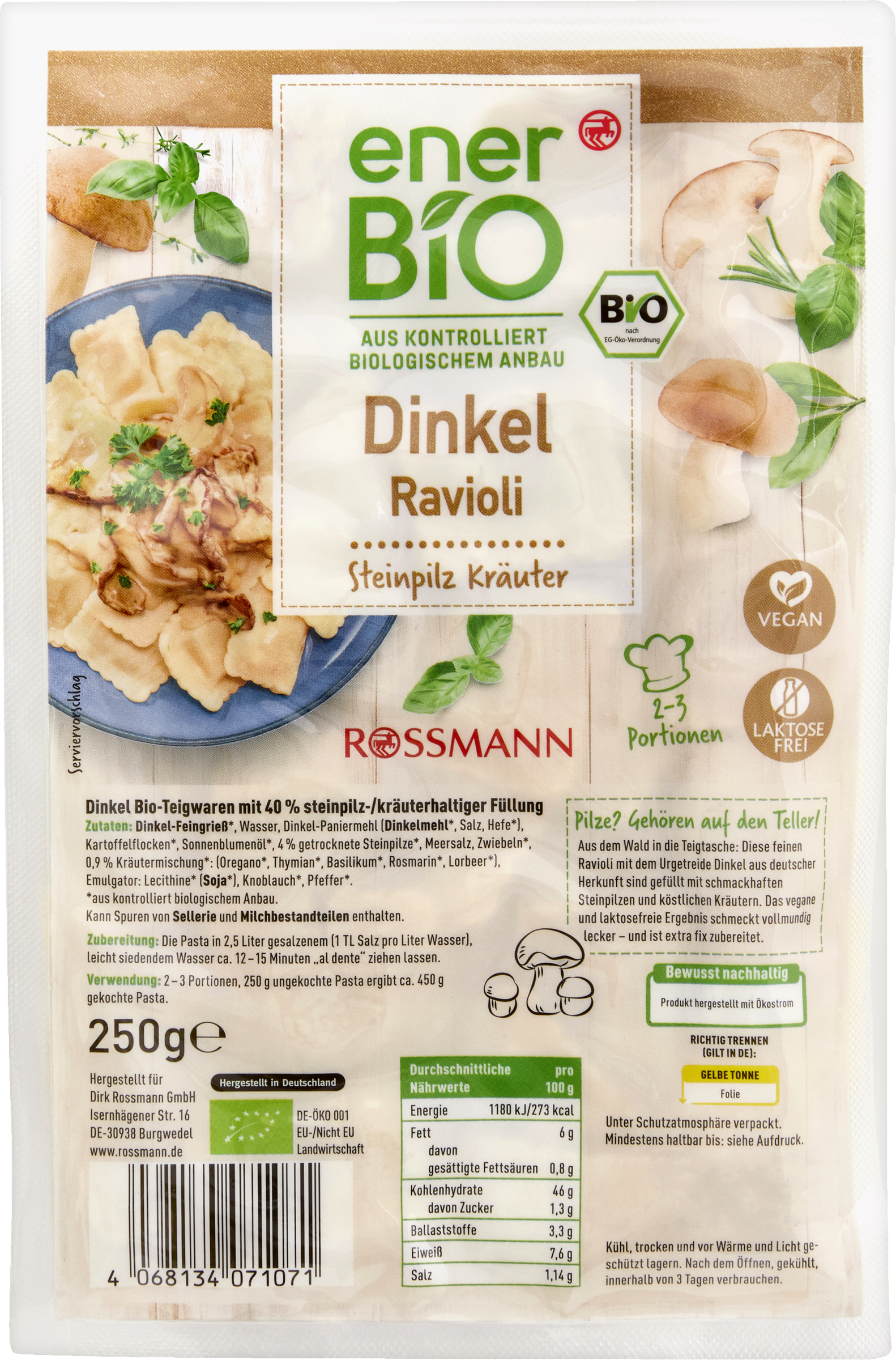 enerBiO Spelled Ravioli Porcini Mushroom Herbs